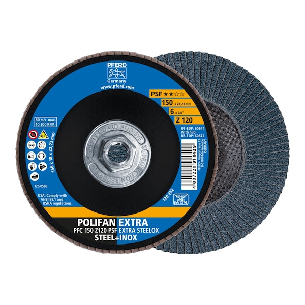 Pferd 6" x 5/8-11 Thd. POLIFAN Flap Disc - Z PSF EXTRA STEELOX, Zirconia, 120 Grit, Conical 60672 - main